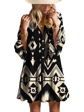 Opemiby Summer Dresses for Women Black Beige Aztec Flowy Ruffle V Neck Casual